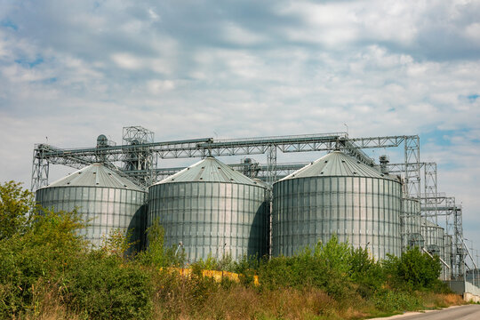 Large metal grain silos under a cloudy sky, surrounded by green vegetation, illustrating modern agricultural storage infrastructure.