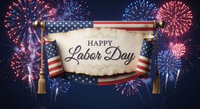Happy Labor Day banner with vintage scroll and flag