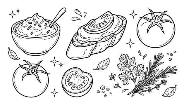 Bruschetta appetizer line art vector element set with tomato slices herb spread dip parsley rosemary and basil