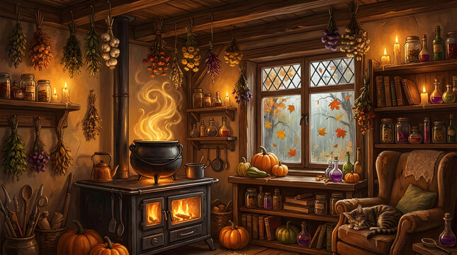 Rustic witch kitchen with cauldron and autumn pumpkins