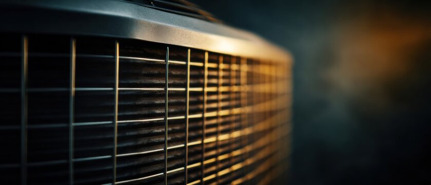 Industrial air conditioner cooling unit detail. Close up of metallic ventilation grille and heat exchanger fins. Professional climate control system technology for home and office.