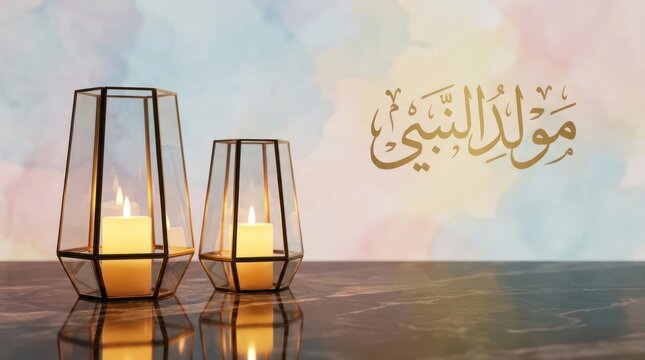Lanterns and Mawlid al-Nabi calligraphy on dark surface.