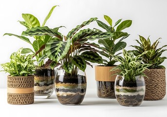 Fototapeta premium Collection of various indoor houseplants in decorative pots and glass terrariums on white background