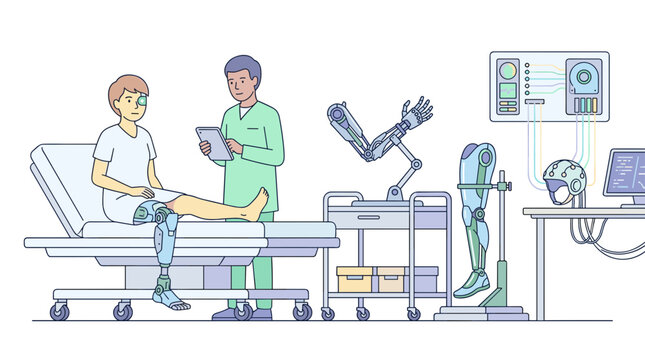 Futuristic medical bay with patient, doctor, robotic arm, prosthetic leg, and brain-computer interface helmet