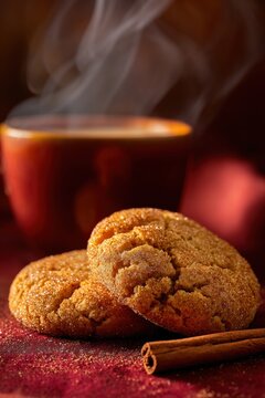 Snickerdoodle cookie with cinnamon stick and steaming cup of coffee. Warm baked pastry dessert for cozy winter holiday breakfast. Sweet snack food concept for festive celebration.