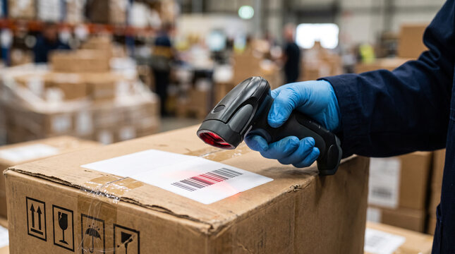 Warehouse worker scanning barcode on a cardboard box with a handheld scanner