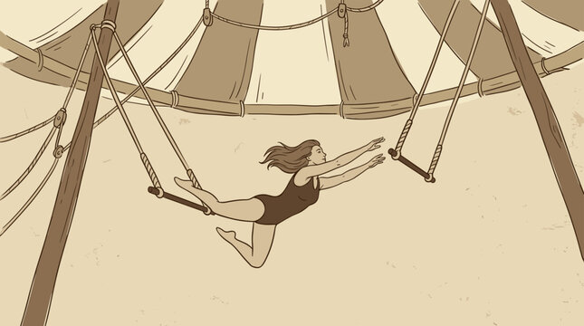 Circus trapeze artist in mid-air, reaching for a bar, in a flat design illustration with a vintage feel.