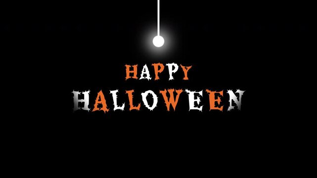 Spooky Happy Halloween text animation featuring a swinging light bulb that casts dynamic shadows and light on a black background for holiday video projects and greetings