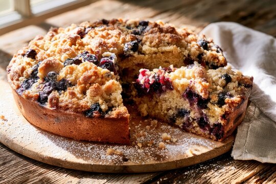 Classic blueberry buckle cake with crumble topping on a rustic wooden table
