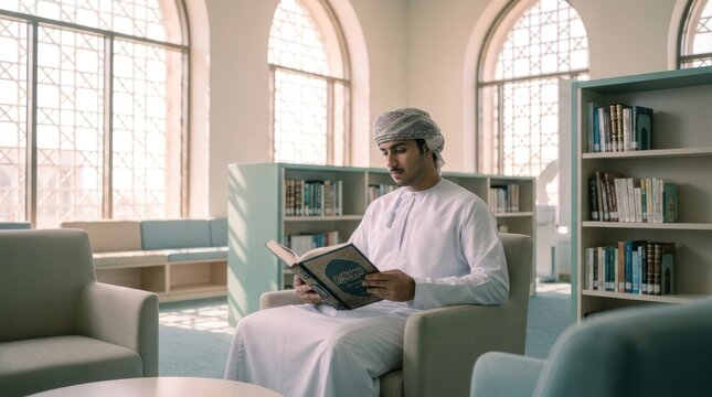 Man in white thobe reading in library.