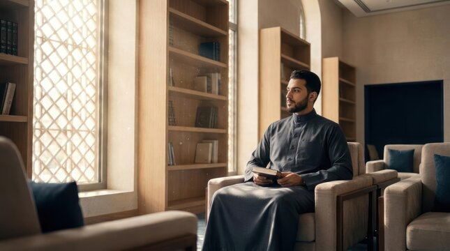 Man in traditional thobe sitting in library lounge.