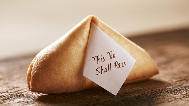 Close-up fortune cookie with inspirational message on parchment on a warm wooden surface