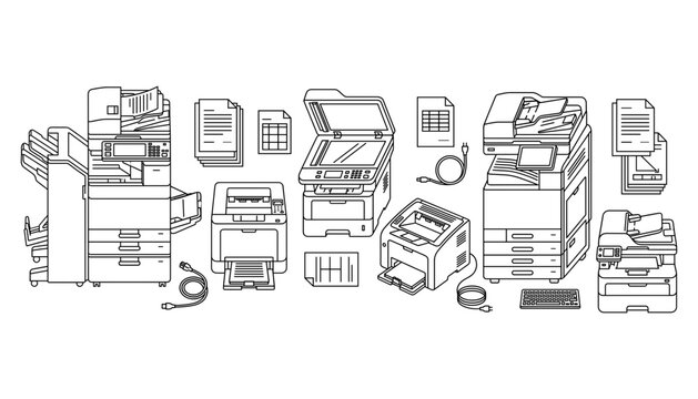Office Printer and Copier Machine Vector Set with Multifunction Printers Scanners Document Paper Sheets and Power Cables for Corporate Graphic Designs.