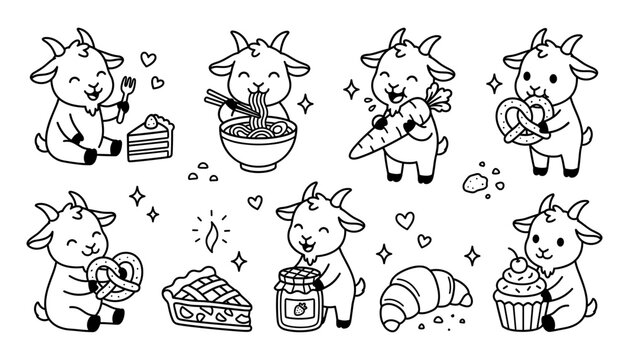 Cute Goat Character and Food Vector Set with Baby Goats Eating Cake Noodles Carrot Pretzel Pie Jam Croissant and Cupcake for Kids Graphic Designs.