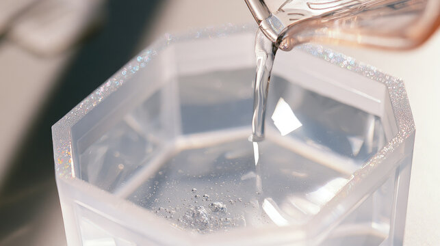 Resin craft mold with clear epoxy being poured in bright workshop light, showing bubbles, reflections, and geometric detail with shallow focus and clean space