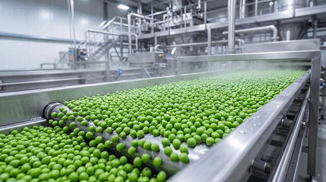 Fresh green peas moving on stainless steel conveyor belt in modern food processing factory for frozen vegetable production and quality control