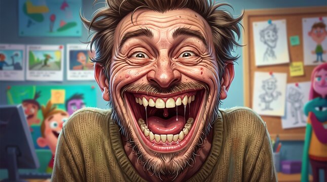 Man with exaggerated joyful expression in creative studio setting