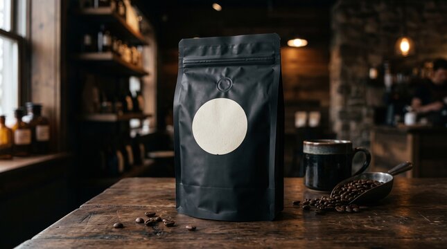 Black coffee bean bag with blank label and mug on wooden table in cafe setting