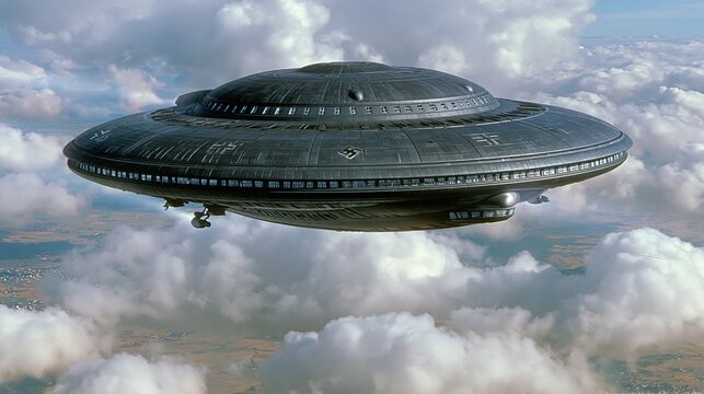 Mysterious unidentified flying object hovering in the sky above clouds, alien spacecraft concept