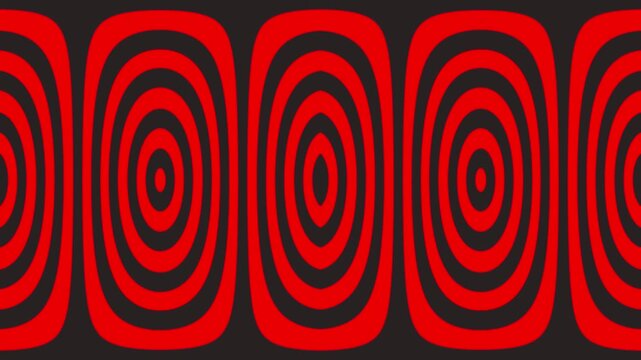Red black hypnotic concentric circles video background animation featuring rhythmic pulsating geometric optical illusion shapes expanding and contracting endlessly for modern digital broadcast screen 