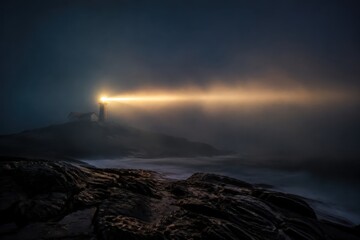 Fototapeta premium Lighthouse beam sweeping through thick sea fog at night