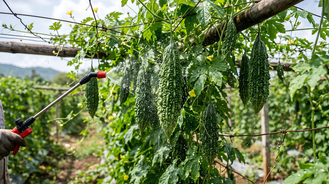 Spraying liquid medicine on green bitter gourd hanging on a farm vine close up shot