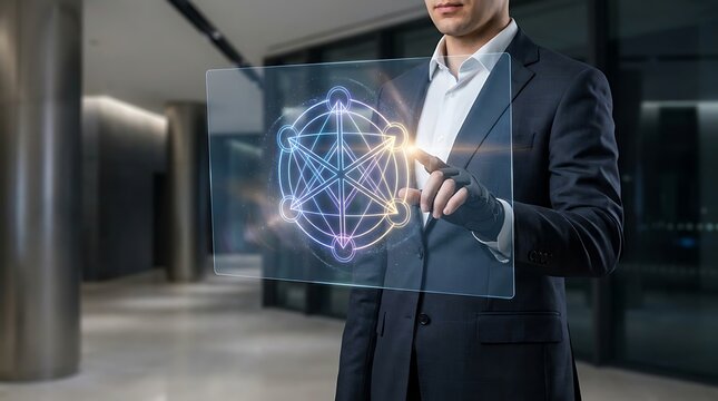 Corporate professional touching a transparent holographic screen with glowing data visualization