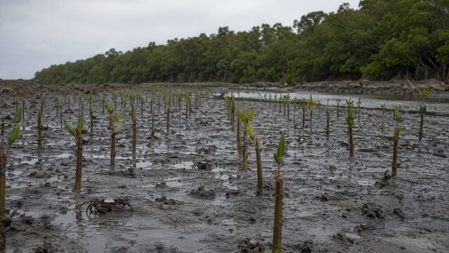Mangrove seedlings planted in rows on tidal mud at low tide