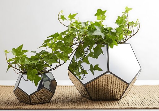 Two modern geometric mirrored glass planters holding lush green ivy plants on a woven table runner