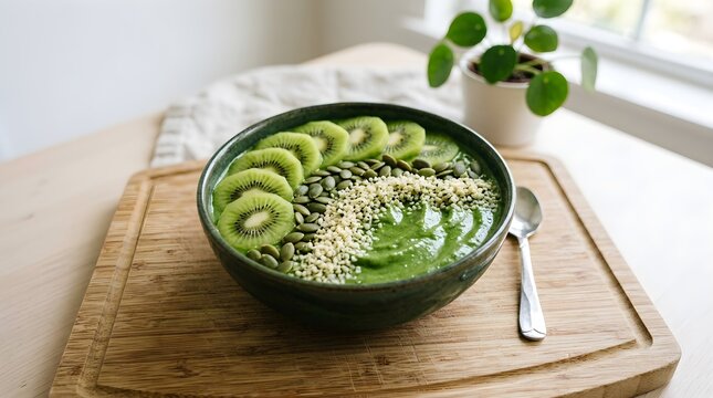 Fresh Sliced Kiwi in a Black Bowl on Wooden Cutting Board