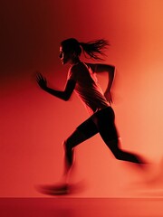 Fototapeta premium Dynamic silhouette of a woman running with motion blur against a vibrant red gradient background
