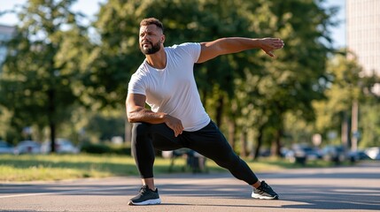 Fototapeta premium Fit man performing dynamic stretching exercise outdoors in a park, focusing on mobility and warm-up