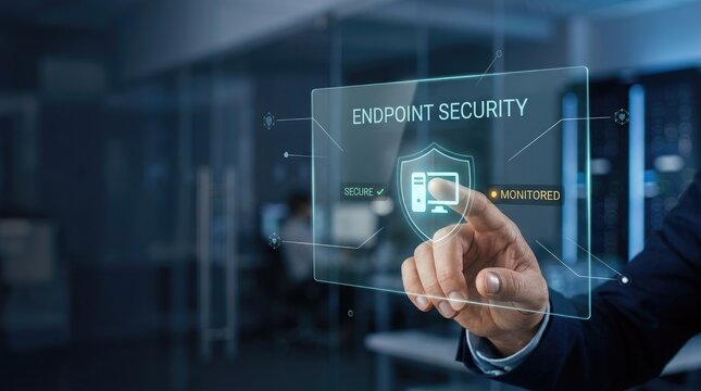 Digital brain with endpoint security shield on screen display