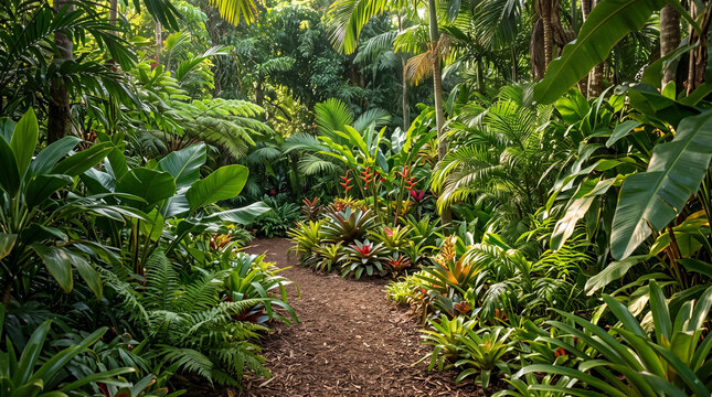 Lush tropical garden path surrounded by dense palm leaves, ferns and exotic foliage in a serene rainforest landscape with warm sunlight and greenery