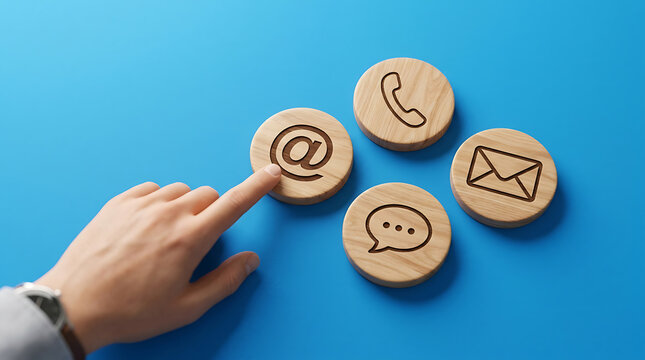 Hand touching wooden contact icon buttons