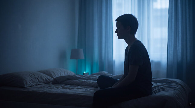 Lonely teenager sitting on bed in dark blue bedroom at dawn, contemplative silhouette by window expressing sadness, insomnia and mental health struggle
