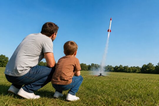Father and son launching model rocket in open summer field
