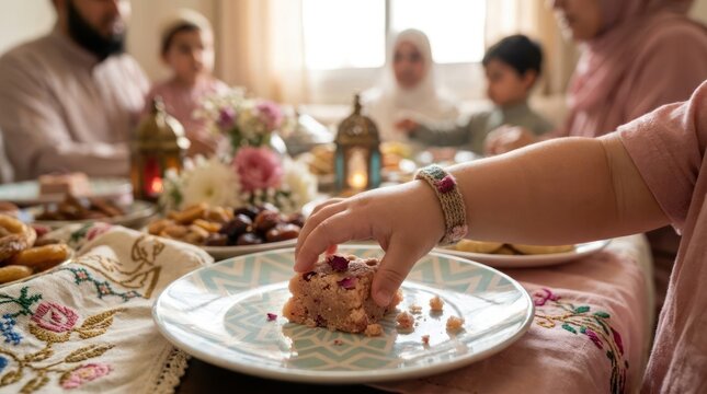 Muslim family sharing festive dinner together.