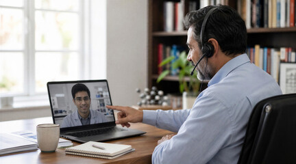 Obraz premium Mature man having telemedicine consultation with doctor on laptop.