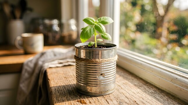 Healthy Indoor Plant in a Metallic Pot on Wooden Windowsill
