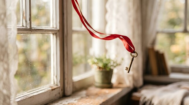 Vintage Window with Red Ribbon in Cozy Room Scene