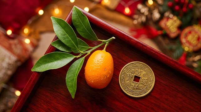 Festive Orange and Green Leaf on Holiday Red Surface