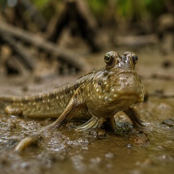 Mudskipper resting on wet mangrove mud at low tide