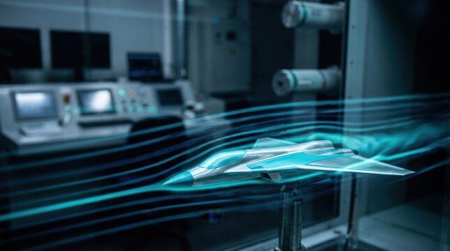 Digital Aerodynamics: Scale vehicle model surrounded by visible airflow patterns inside a simulation facility 
