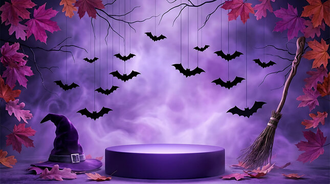 Halloween background podium with bats hat broom leaves. Spooky purple magic stage for product display concept. Autumn festive witch template.