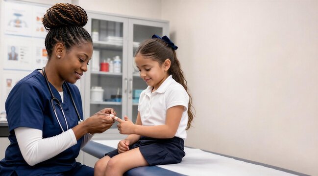 Nurse applying adhesive bandage to girl's finger in medical clinic