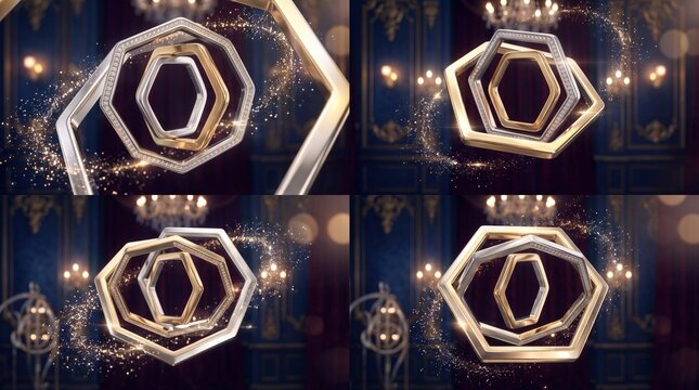 Luxurious interlocked gold and silver rings floating elegantly, surrounded by sparkling hexagonal forms, symbolizing unity, refinement, and timeless connection in a dark atmospheric background.