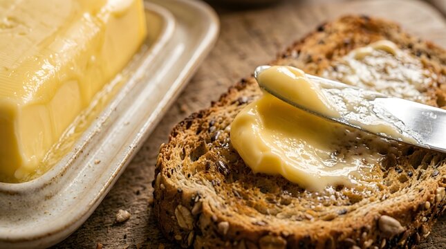 Buttered Toast with Melting Butter on Whole Grain Bread Slice