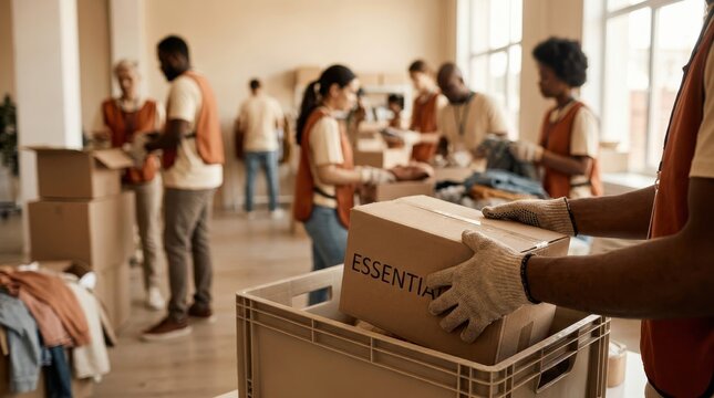 Collective Support: Volunteer team organizing essential supplies at a community center 