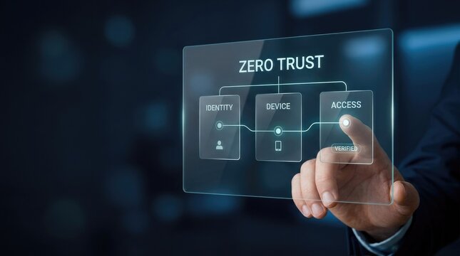 Hand touching zero trust security verification screen with icons